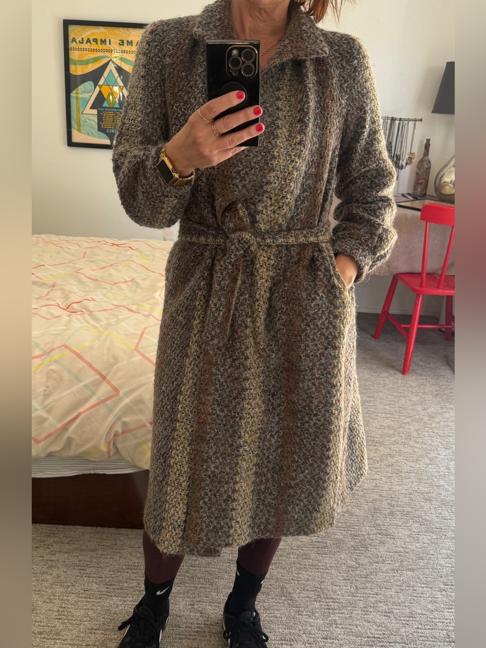 Vintage MJ Seattle Textured Brown / Grey Wool-Blend Belted Sweater Coat PS